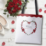 Elegant Red Roses Mother of Bride Gift Tasche<br><div class="desc">A special gift for the woman who made it all possible. This Mother of the Bride tote bag combines sentimental beauty with high-end design. The vibrant red rose heart symbolizes love and family, while the crisp black script and scalloped border offer a designer feel. This tote is perfect for her...</div>