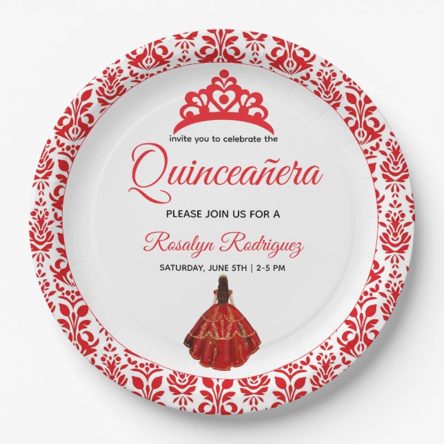 Elegant Red Royal Quinceñera Pappteller (Vorderseite)