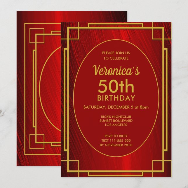 Elegant Red Satin 50. Geburtstag Einladung (Vorne/Hinten)