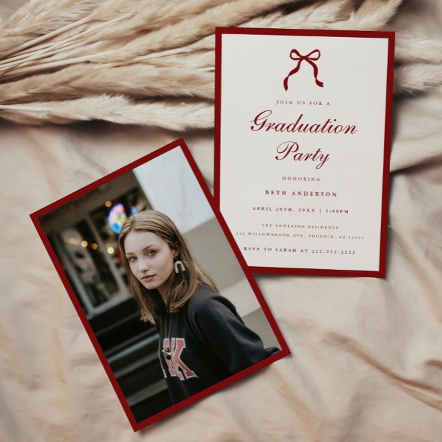 Elegant Red Script Coquette Graduation Party Photo Einladung (Von Creator hochgeladen)