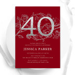 Elegant Red Silver 40. Geburtstag Einladung<br><div class="desc">Elegante,  silberne Party Einladung zum 40. Geburtstag. Individuell anpassbares modernes feminines Design mit Rose botanischen Akzenten und Imitaten Glitzer Silber. Einfache florale Einladungskarte perfekt für eine stilvolle Damenfeier. Personalisieren Sie Ihre persönlichen Daten. Gedruckte Zazzle Einladungen oder Sofortdownload digitalen druckbaren Vorlage.</div>