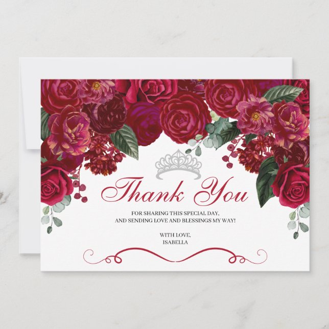 Elegant Red & Silver Floral Quinceanera Vielen Dan Dankeskarte (Vorderseite)