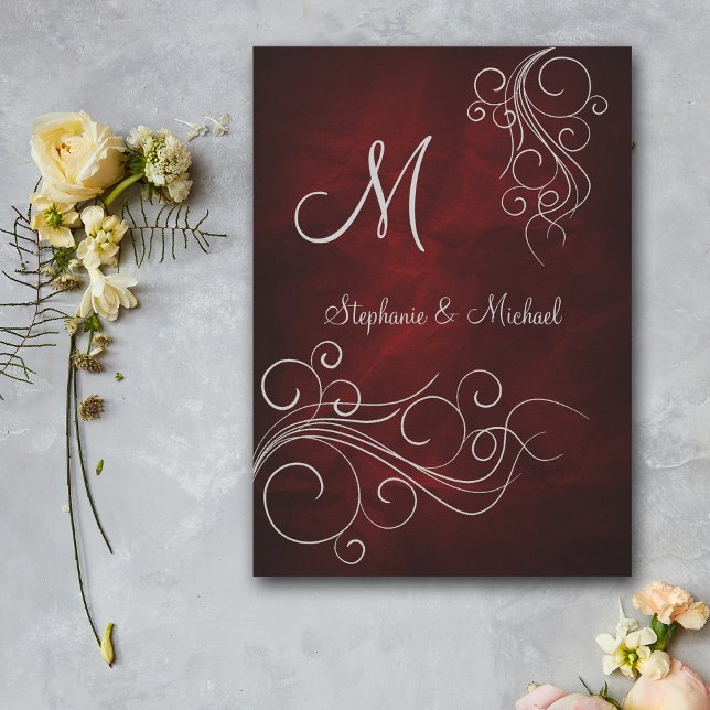Elegant Red Silver Monogram Wedding Einladung (Von Creator hochgeladen)