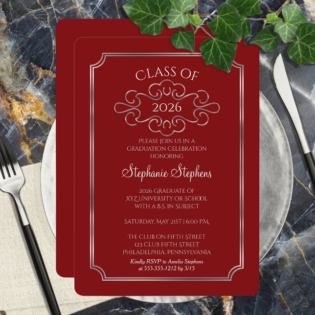 Elegant Red | Silver Uni-Abschluss Party Einladung (Elegant and Classy Formal Red and Silver Tone College Graduation Party Invitation - Print | Digital)