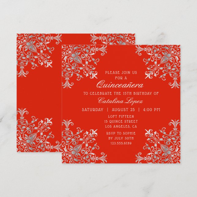 Elegant Red Silver Verziert Floral Quinceñera Einladung (Vorne/Hinten)