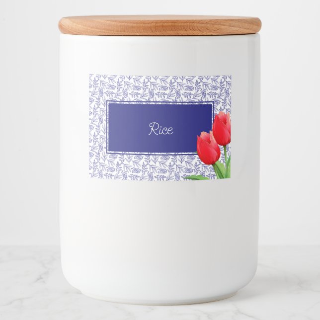 Elegant Red Tulips Spring Floral Blue Lebensmitteletikett (Vorderseite)