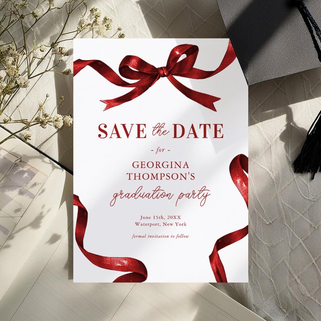Elegant Red Watercolor Bow Graduation Save The Date (Von Creator hochgeladen)