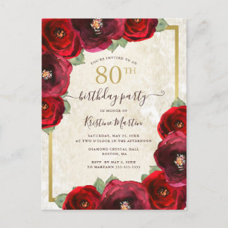 Elegant Red Watercolor Floral Gold 80. Geburtstag Einladungspostkarte