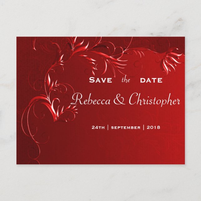 Elegant Red Wedding speichern das Datum Ankündigungspostkarte (Vorderseite)