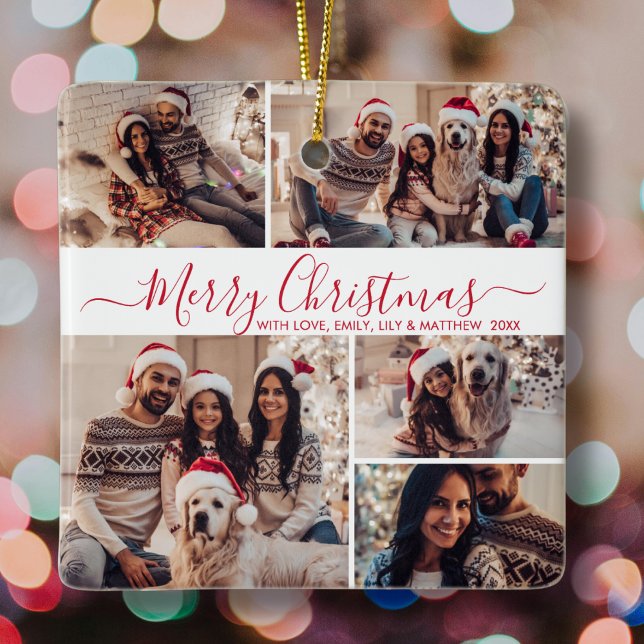 Elegant Red White 5 Foto Collage Weihnachten Keramikornament (Von Creator hochgeladen)