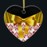 ELEGANT RED WHITE DAMASK GOLD RIBBON MONOGRAM KERAMIK ORNAMENT<br><div class="desc">Elegant heart monogram with white red damask flowers and golden yellow bows for Christmas Holiday, Valentine's Day, anniversary, wedding, save the date, romantic engagement, bridal showers.</div>