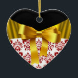 ELEGANT RED WHITE DAMASK GOLD RIBBON MONOGRAM KERAMIK ORNAMENT<br><div class="desc">Elegant heart monogram with white red damask flowers and golden yellow bows for Christmas Holiday, Valentine's Day, anniversary, wedding, save the date, romantic engagement, bridal showers.</div>