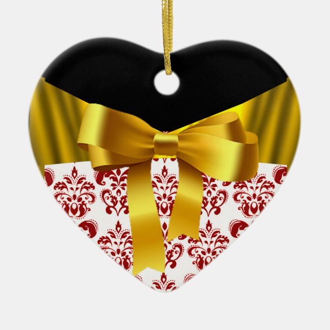ELEGANT RED WHITE DAMASK GOLD RIBBON MONOGRAM KERAMIK ORNAMENT (Vorne)