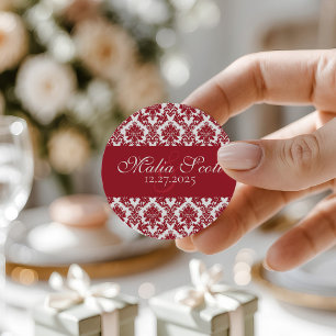 Elegant Red White Damask Wedding Gefallen Runder Aufkleber