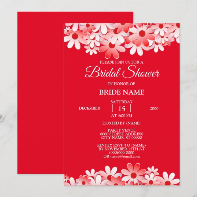 Elegant Red White Floral Bridal Shower Party Einladung (Vorne/Hinten)