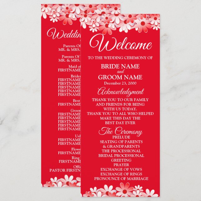 Elegant Red White Floral Wedding Programm (Vorne/Hinten)