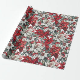 Elegant Red & White Poinsettia Christmas Floral Geschenkpapier