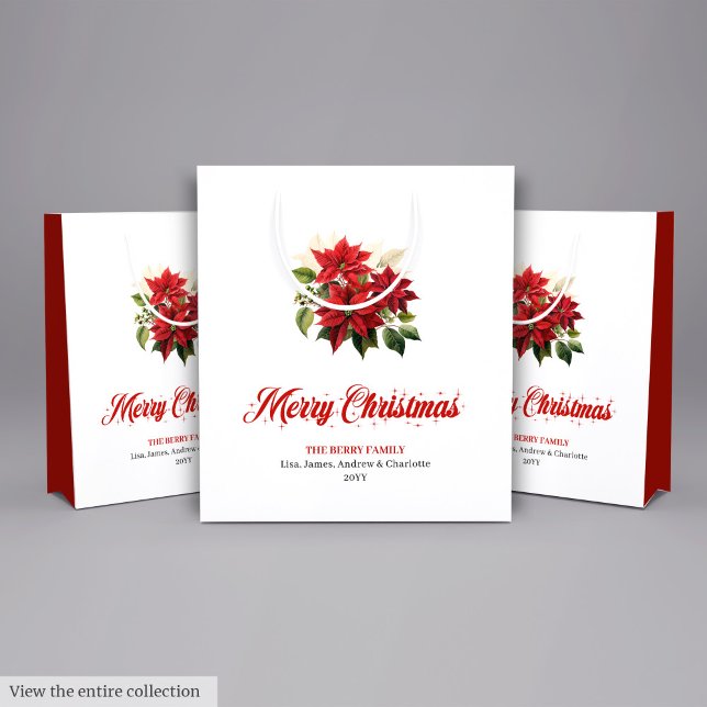 Elegant Red White Poinsettia Floral Gift Bag Mittlere Geschenktüte (Elegant Red White Poinsettia Floral Gift Bag)