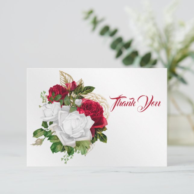Elegant Red White Roses Bouquet Dankeskarte (Stehend Vorderseite)