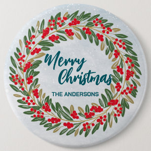 Elegant Red Wreath Holly Berries Gold Merry Xmas Button
