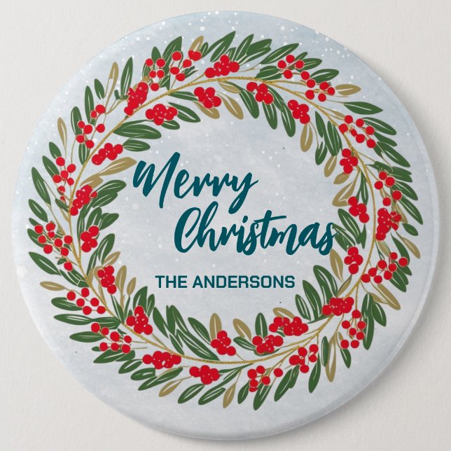 Elegant Red Wreath Holly Berries Gold Merry Xmas Button (Vorderseite)