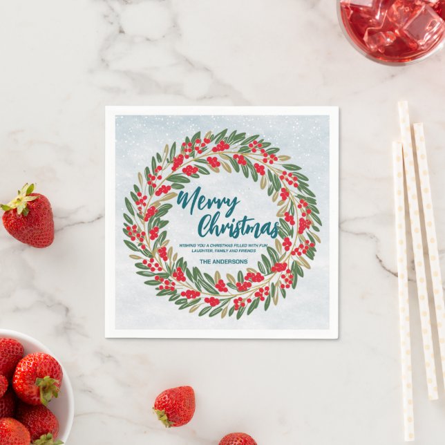 Elegant Red Wreath Holly Berries Gold Merry Xmas Serviette (Beispiel)