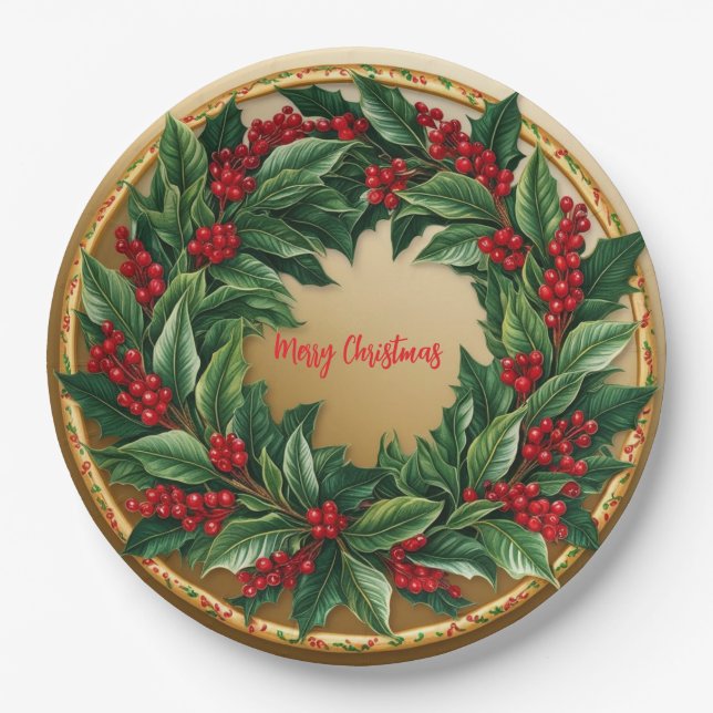 Elegant Red Wreath Holly Berries Weihnachten Gold  Pappteller (Vorderseite)