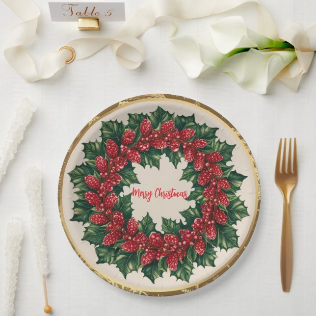 Elegant Red Wreath Holly Berries Weihnachten Gold  Pappteller (Hochzeit)