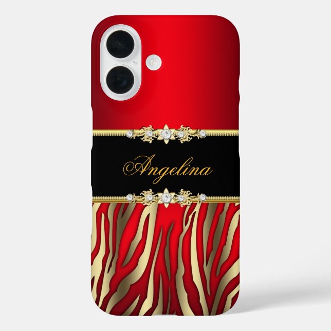 Elegant Red Zebra Black Gold iPhone 16 Hülle (Rückseite)