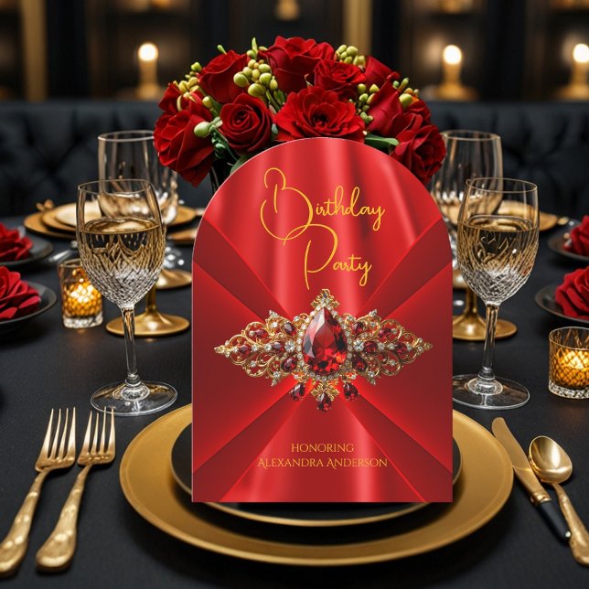 Elegant Regal Red Birthday Gold Jewel Imitats Seid Einladung (Von Creator hochgeladen)