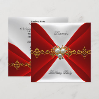 Elegant Regal Red Birthday Gold Jewel White Silk Einladung