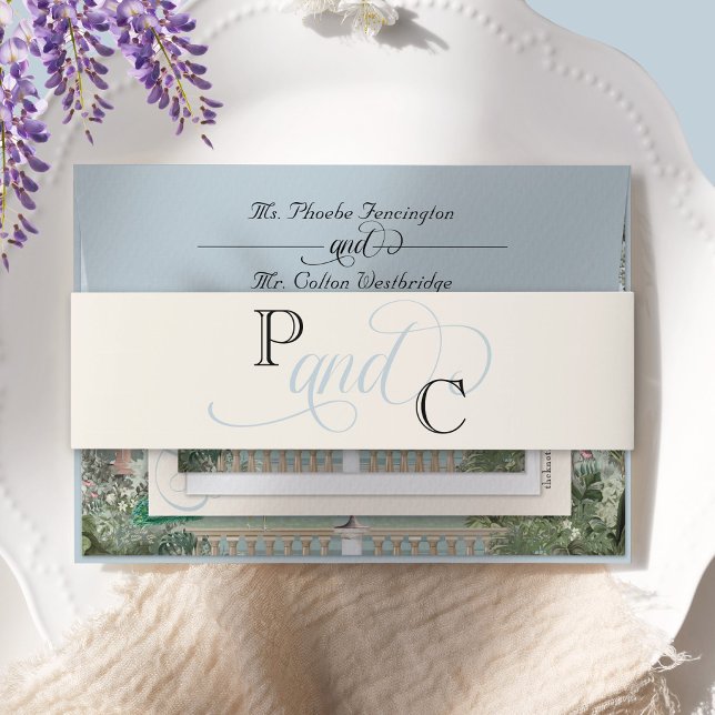 Elegant Regency Wisteria Floral Monogram Wedding Einladungsbanderole (Elegant Regency era dusty blue and cream monogram Bridgerton vintage wedding invitation belly band)