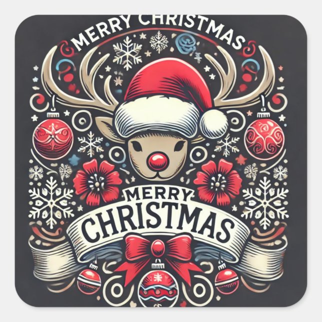Elegant Reindeer Frohe Weihnachtskleber Quadratischer Aufkleber (Vorderseite)
