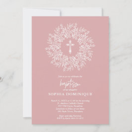 Elegant Religious Pink Cross Girl Baptism Einladung