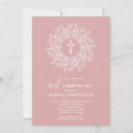 Elegant Religious Pink Cross Girl First Communion Einladung