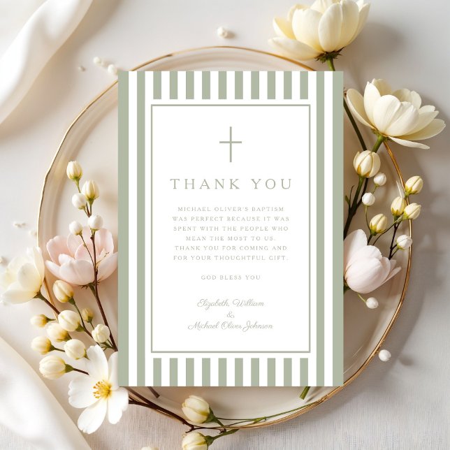Elegant Religious Sage Green Boy Baptism Dankeskarte (Elegant Religious Sage Green Boy Baptism Thank You Card)