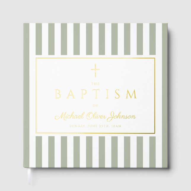 Elegant Religious Sage Green Stripes Baptism Gästebuch (Vorderseite)