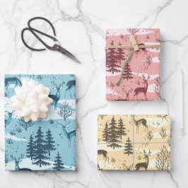 Elegant Retro Blue Red Beige Woodland Deer Geschenkpapier Set
