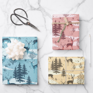 Elegant Retro Blue Red Beige Woodland Deer Geschenkpapier Set