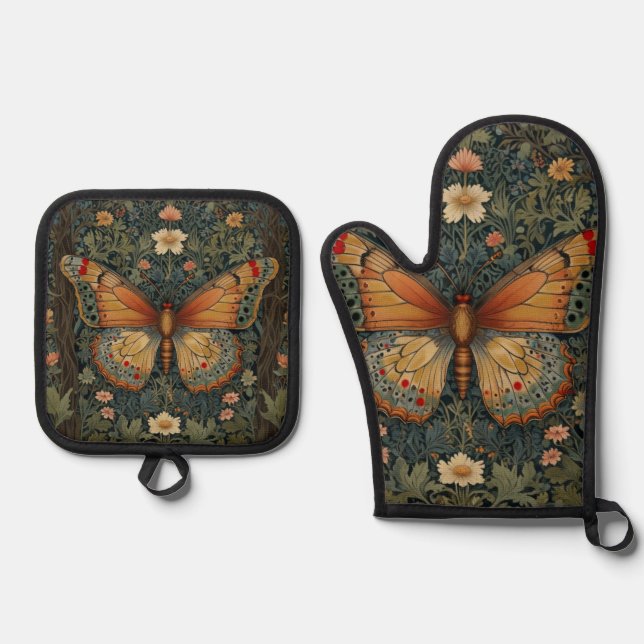 Elegant retro boho butterfly botanical greenery ofenhandschuh & Topflappen-Set (Vorderseite)