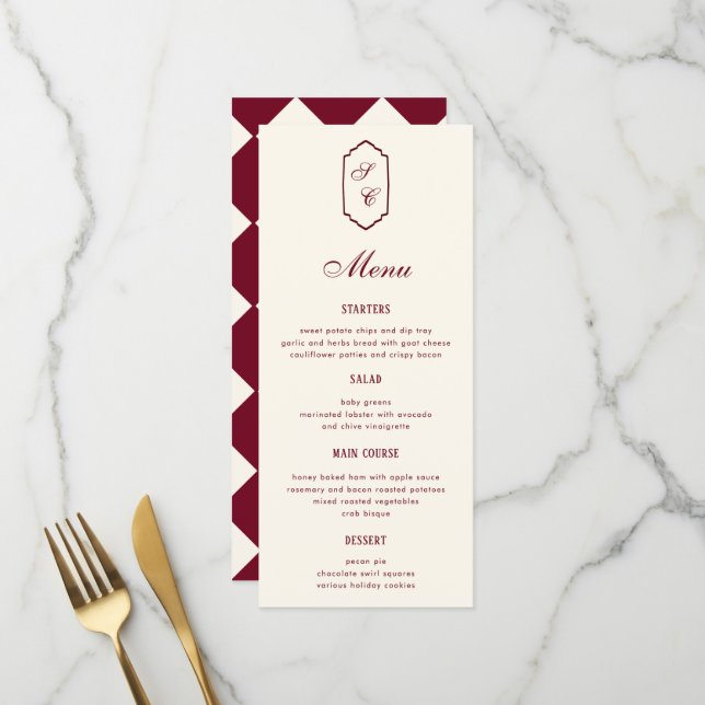 Elegant Retro Checkered Burgundy Wedding Menükarte (Vorderseite/Rückseite Beispiel)