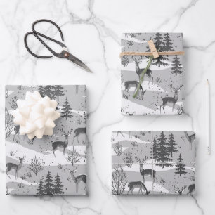 Elegant Retro Gray Woodland Deer Geschenkpapier Set