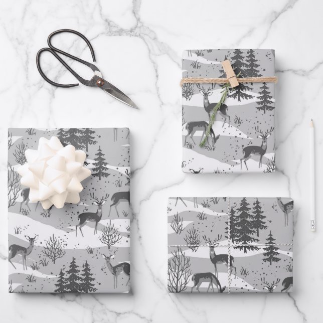 Elegant Retro Gray Woodland Deer Geschenkpapier Set (Vorderseite)