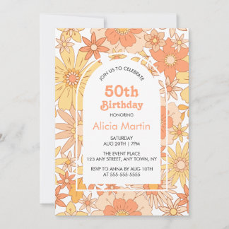 Elegant Retro Orange Peach Flora 50. Geburtstag Einladung