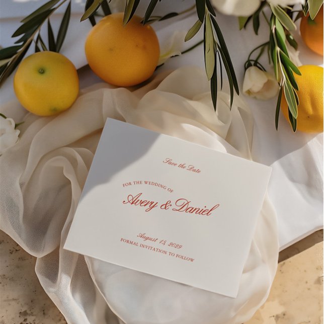 Elégant Retro Rouge & ivoire Enregistrer la carte  (Elegant Retro Red & Ivory Save the Date Card)