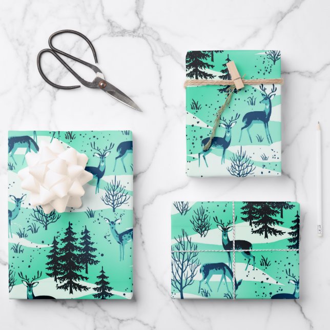 Elegant Retro Turquoise Blue Woodland Deer Geschenkpapier Set (Vorderseite)