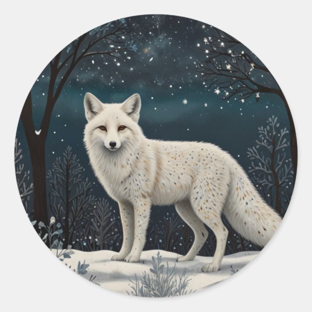 Elegant retro white winter fox runder aufkleber (Vorderseite)