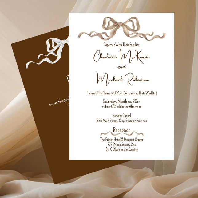 Elegant Ribbon & Bow Warm Brown Classic Wedding Einladung (Elegant Warm Brown with Bows Wedding Invitation)