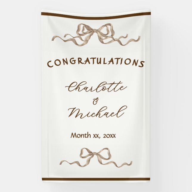 Elegant Ribbon & Bow Warm Brown Romantic Wedding Banner (Vertikal)