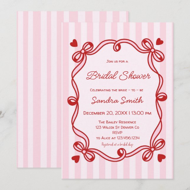 Elegant Ribbon Hand Drawn Bridal Shower Einladung (Vorne/Hinten)